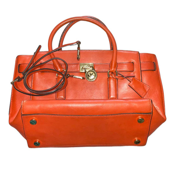 MICHAEL KORS HAMILTON TRAVELER GENUINE LEATHER SATCHEL/ SHOULDER BAG ORANGE - Picture 14 of 15